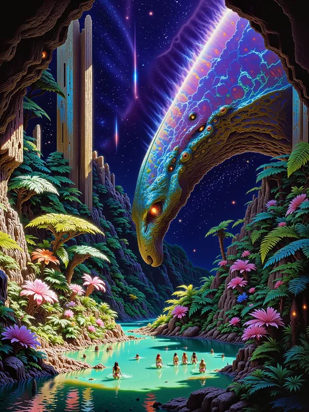 extremely detailed alcohol ink and watercolor painting on rough watercolor paper, vaporwave aesthetic, the composition follows the golden ratio, the focus is a beautiful, esoteric, gargantuan, primordial creature with a long neck, faintly crimson glowing eyes and overlapping iridescent shimmering blue-green scales in a lush, paradisiacal oasis, teeming with life, hidden within a barren badlands valley of an alien planet, under an awe-inspiring otherworldly night sky illuminated by a vibrant galactic nebula, the oasis sits at the valley's heart, its still waters reflect the cosmos above, vibrant foliage in deep greens, blues, and purples surrounds the water, contrasting against the rough, jagged stone of the valleyâs cliffs, the cliffs loom over the oasis, their rocky surfaces weathered and etched with time, casting deep shadows and adding a sense of isolation, at the center of the oasis, a towering primordial creature drinks from the spring, its ancient form dominating the wildness of the oasis, a rare sight, it stands as a guardian of this secluded paradise, adding an air of mystery and awe, the creature is gigantic, with a powerful yet graceful form, its iridescent scales reflecting subtle hints of the nebulaâs colors, its posture is calm, exuding a sense of ancient wisdom, with crimson glowing eyes hinting at awareness of its surroundings, slightly elevated, wide-angle shot, capturing both the oasis in full view and the surrounding badlands cliffs, emphasizing the oasis's lushness against the desolate valley, diffused, cosmic lighting from the nebula bathes the scene in a surreal glow, casting hues of violet, blue, and pink across the oasis, the light is soft and mystical, with subtle reflections and shimmers on the water, dappled illumination creates pockets of light and shadow on the creature's form and the lush foliage, contrasting with the deep shadows along the cliff walls, exaggerated color contrasts between the vibrant oasis and the dark valley stone, highly atmospheric, masterful composition, mystical, otherworldly, in the style of ck-ovf, <lora:epic_gorgeous_details-balance-flux-by_flyway:0.92> <lora:style-oneviolentfantasy-ep21-flux-by_chronoknight:1.0>