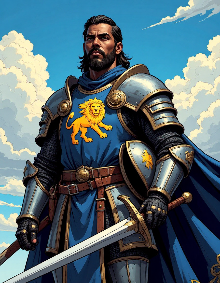 illustrated portrait of a weary fantasy-medieval knight, dark-skinned with an intense gaze, dressed in full armor painted with a bright lion emblem, holding his helmet in one hand and a great sword in the other looking out to the distance under a blue sky with dramatic clouds