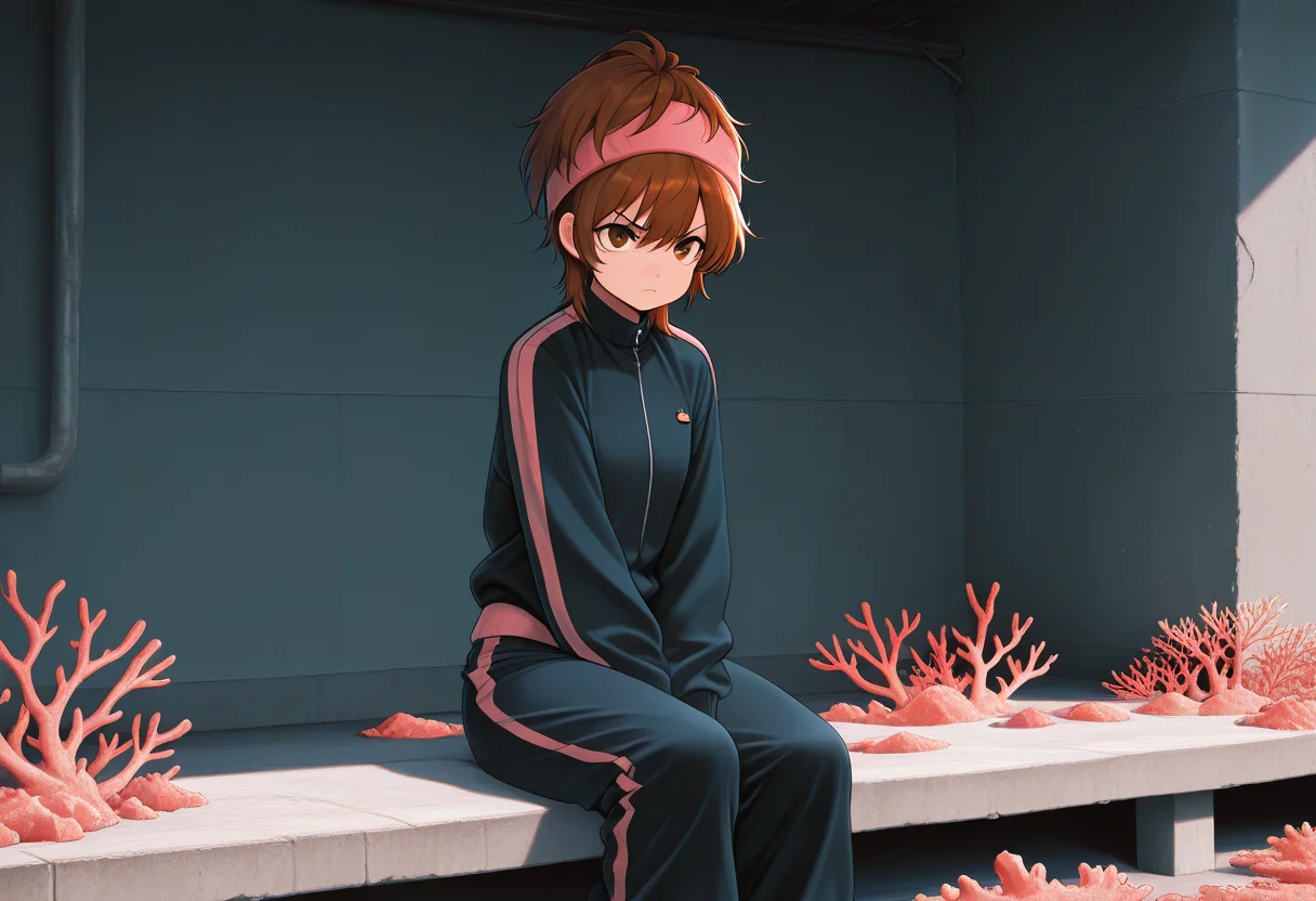 masterpiece, best_quality, amazing_quality, 1girl, solo,momokochar, short_hair, coral city, sitting, serious, track_jacket, track_pants,