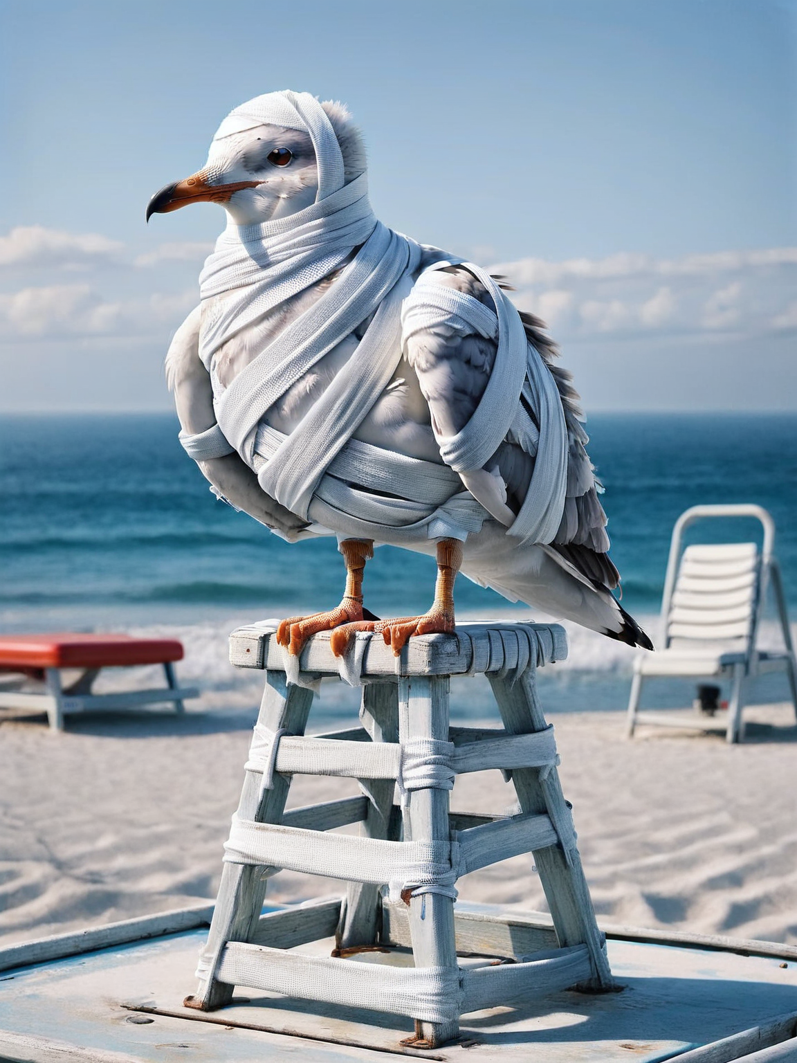 A seagull perched on a lifeguard chair, with one leg humorously ais-bndgs <lora:ais-bndgs-sdxl:1>
