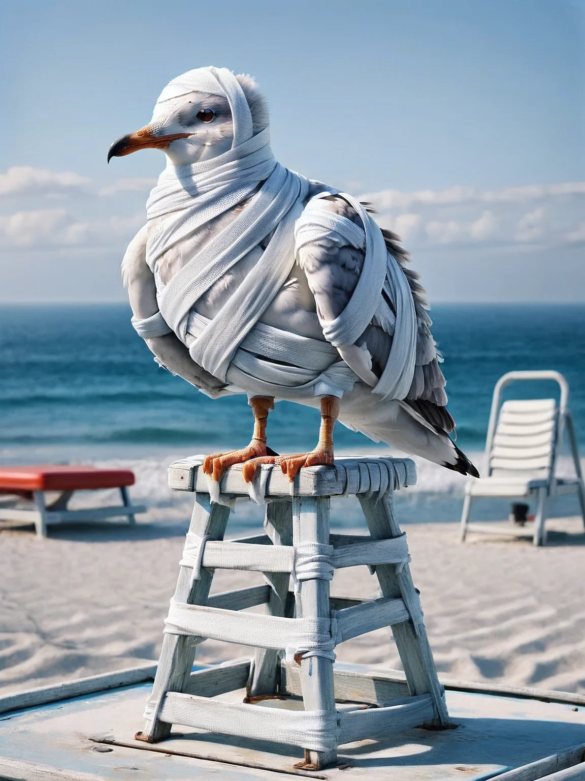 A seagull perched on a lifeguard chair, with one leg humorously ais-bndgs <lora:ais-bndgs-sdxl:1>