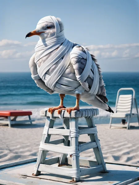 A seagull perched on a lifeguard chair, with one leg humorously ais-bndgs <lora:ais-bndgs-sdxl:1>