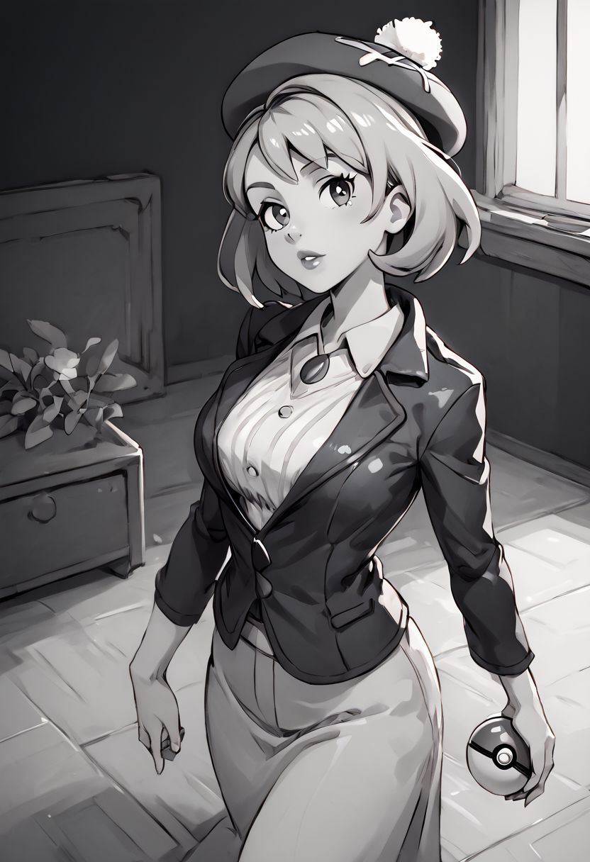 ( monochrome, grayscale,)
score_9, score_8_up, score_8, 1girl, (large breasts), 
pretty girl, indoors, 
 from above, 
BREAK, 
 gloria (pokemon), hat, looking at viewer, black jacket, formal, suit, black background, lips, curvy, head tilt, shiny clothes, holding pokeball,