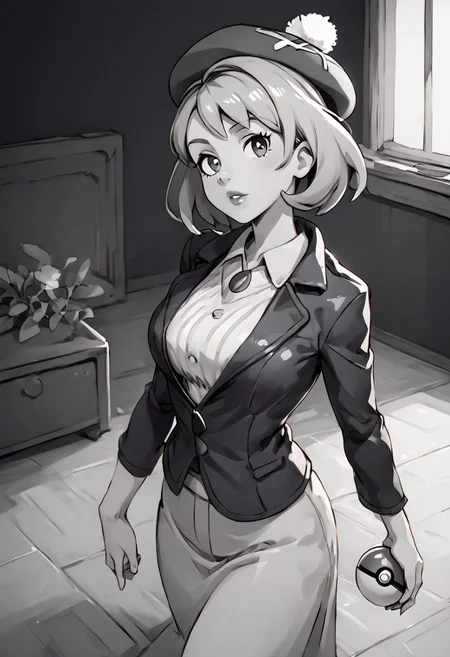 ( monochrome, grayscale,)
score_9, score_8_up, score_8, 1girl, (large breasts), 
pretty girl, indoors, 
 from above, 
BREAK, 
 gloria (pokemon), hat, looking at viewer, black jacket, formal, suit, black background, lips, curvy, head tilt, shiny clothes, holding pokeball,