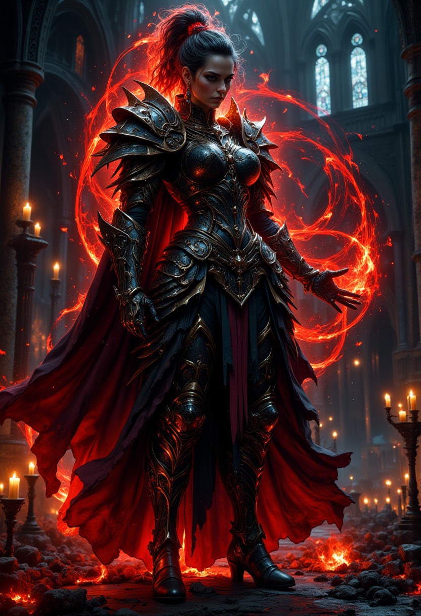 Grimdark digital portrait. Close-up full body. A heavily armored female warrior, chaos magic swirling around her, standing in a dark, ruined cathedral. Ultra high contrast. Fiery, hellish glow of chaos magic illuminates her dark, gritty armor. Gritty, smoldering embers of candles and broken stained glass behind. Vivid, fiery red and orange hues, contrasting with deep blues and blacks. Epic composition, ultra HD resolution, Greg Staples and Dan Mumford style, particles and volumetric lighting effects, RTX ON, hi-tech dark sci-fi, gritty, dramatic, intense, cinematic, dystopian, chaotic, atmospheric.