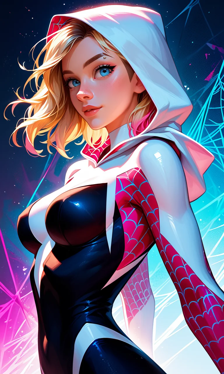 score_9, score_8_up, score_7_up,
cartoon style, highly detailed, complex composition, Gwen Stacy with blonde hair and a hood, blue eyes, dynamic lighting, colorful and exaggerated background, vibrant colors, intricate textures, high-contrast lighting, whimsical and modern aesthetic, Spider-Gwen suit details