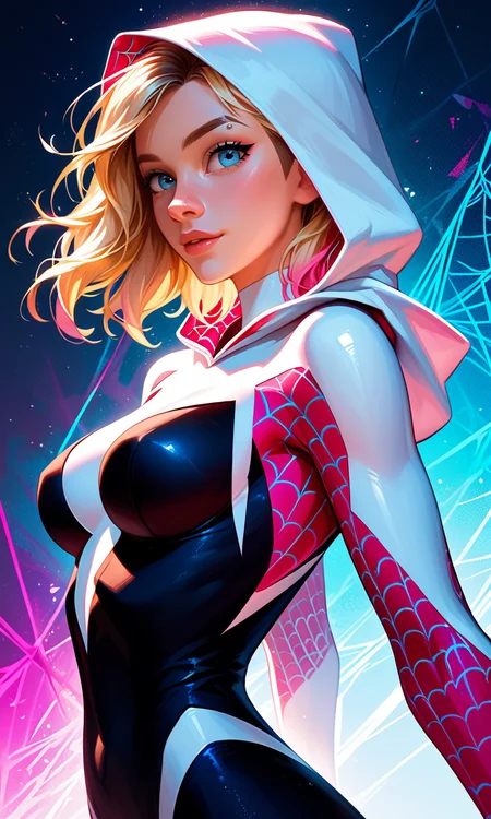 score_9, score_8_up, score_7_up,
cartoon style, highly detailed, complex composition, Gwen Stacy with blonde hair and a hood, blue eyes, dynamic lighting, colorful and exaggerated background, vibrant colors, intricate textures, high-contrast lighting, whimsical and modern aesthetic, Spider-Gwen suit details