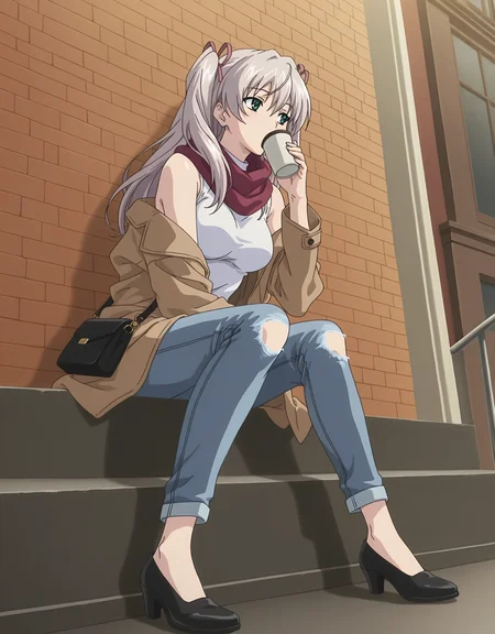masterpiece,best quality,very aesthetic,zPDXL,2023,anime style,huge filesize,wallpaper,anime screencap,
BREAK <lora:suvia_v5-000018:0.8>,suviav5,1girl,solo,long hair,ribbon,hair ribbon,green eyes,two side up,breasts,twintails,medium breasts,grey hair,17-year-old girl,(a domineering girl:1.3),skinny,standing,dynamic_angle,dynamic_pose,close-up,fullbody,fashion,torn jeans,flat_shoes,contemporary,in spring,city,handbag,(coat:1.2),sleeveless dress,(drinking coffee:1.1),sitting,scarf,cap,