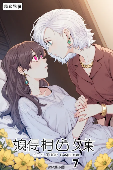 masterpiece, best quality, amazing quality,
 <lora:Girltrap_IL:1> strgrltrp, multiple girls, 2girls, yuri, brown hair, jewelry, cover, white hair, earrings, blue eyes, necklace, long hair, cover page, bracelet, short hair, brown eyes, looking at another, flower