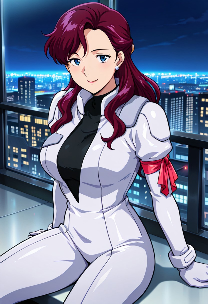 ((masterpiece, absurdres)), best quality, amazing quality, newest, 4k, anime coloring, very aesthetic, ray tracing, Smooth Quality, CG,city view,Junko, 1 mature female, purple hair, long hair, ear accessory, blue eyes, smile ,pilotsuit, turtleneck t-shirt, arm ribbon, sitting