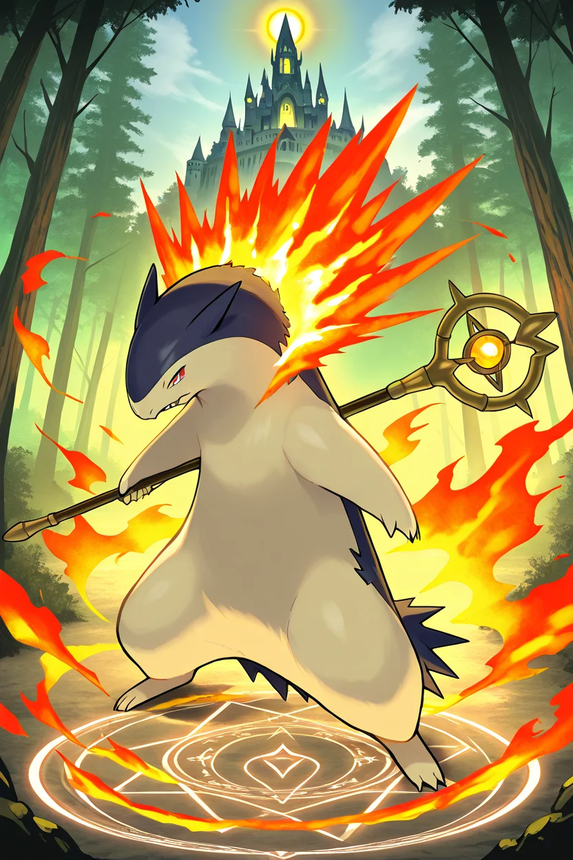 masterpiece, best quality, no humans, pokemon (creature), fire, <lora:TyphlosionPokedexIXL:1.0>, Medieval Magic Fantasy, zzTyphlosion wearing flowing robe, enchanted accessory, magical staff, mystical rune, forest clearing, ancient castle, glowing spell circle, ethereal glow