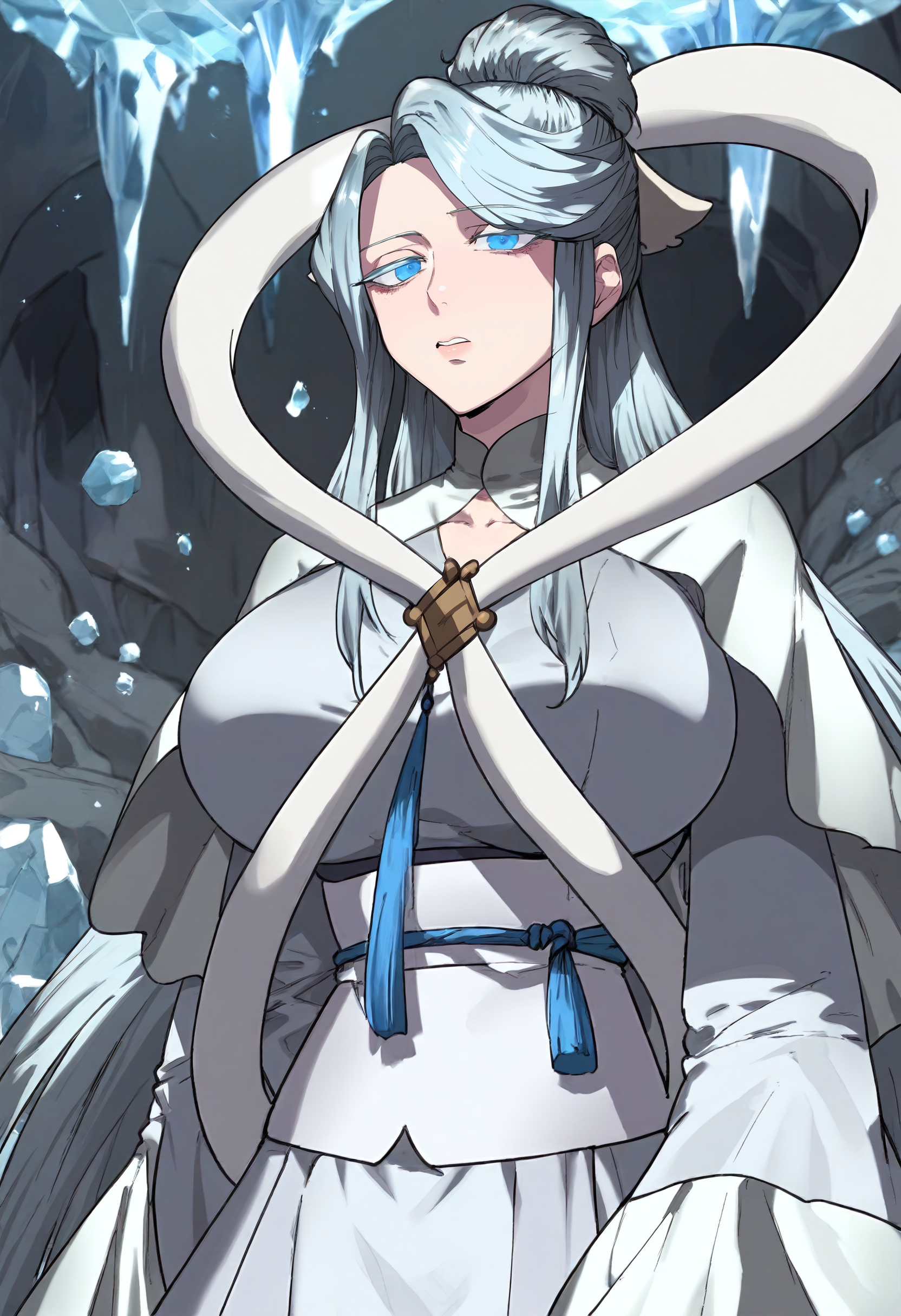 score_9, score_8_up, score_7_up, score_6_up, source_anime, rating_explicit, 1girl, (solo:1.1), huge breasts,<lora:Naeng-agbi prefectPonyxl:0.9> single hair bun, long hair, grey hair, blue eyes, light blue hair, colored eyelashes, hair ornament, sidelocks, parted bangs, white capelet, shawl, white shirt, white dress, grey dress, long sleeves, wide sleeves, sash, expressionless, serious, open mouth, cave, indoors, looking at viewer, (ice:1.1), magic, close-up