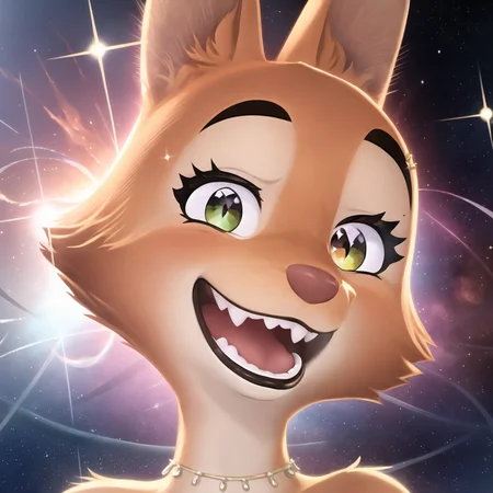 a beautiful and detailed head portrait of diane foxington,orange body, black lips, eyelashes, eyebrow piercing,laugh, head tilted,sparkles, necklace, ephemeral swirls,nebula, eyes open,
<lora:dianefoxingtonv5:1>