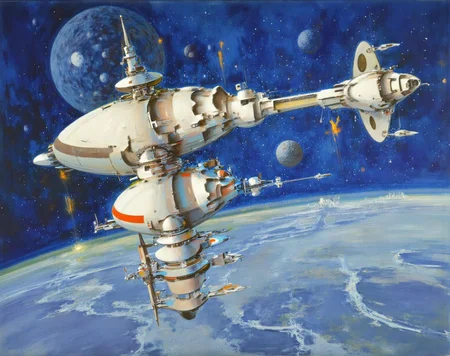 jober1 illustration.
A futuristic space scene. The artwork features a complex, modular space station with a cylindrical body and several spherical modules. The space station is white with a metallic sheen, adorned with red accents. It has a series of antennae, solar panels, and various protruding sections, suggesting advanced technology and functionality.
<lora:jober1_cap_d6a3e12:1.0><lora:819156392272408575:0>