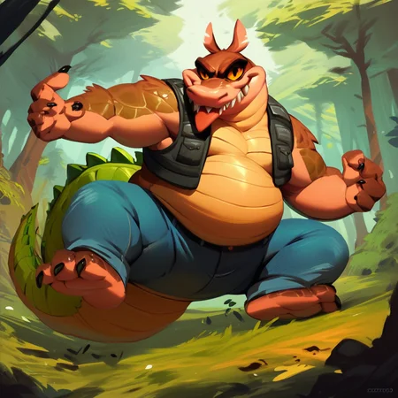 score_9, score_8_up, score_7_up, score_6_up, score_5_up, score_4_up, dingodile, dingo, crocodile tail, monster, mutant, scaly, furry, vest, jeans, fat, chubby, orange eyes, smile, tongue out, action pose, forest background,
