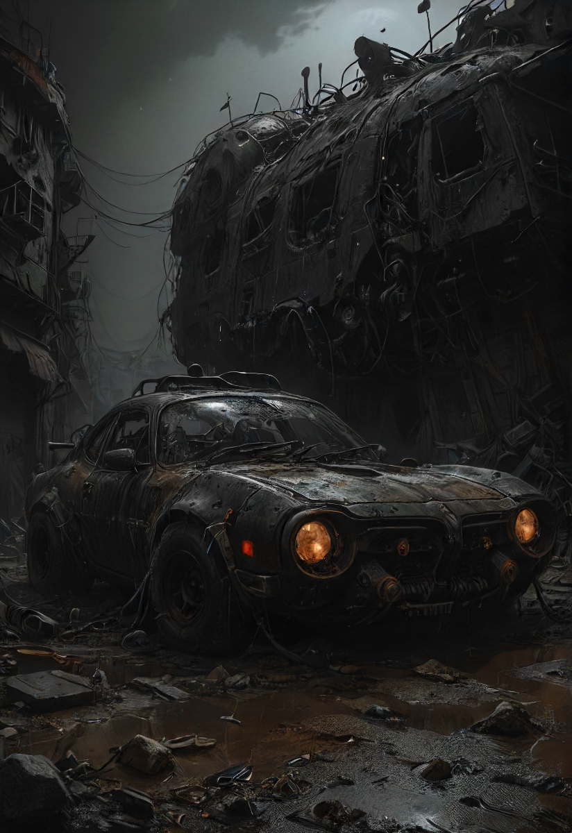 nighttime, dark, wasteland, car, detailed  <lora:SDXL - Style - Dystopia:0.8>   <lora:- SDXL - amredpll_armored_style_V1.0:0.2> <lora:- SDXL - vntblk_vanta_shapes_V1.0:0.8> vntblk, black, dark, background