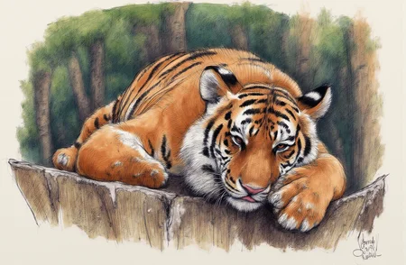 Sharp image of a rough sketch, rendered in vibrant multi colour ballpoint pen, capturing the adorable features of a close-up of a tiger resting on a tree stump. The tiger is lying down with its body stretched out and its head resting on its front paws. Its eyes are closed and its mouth is slightly open, as if it is looking directly at the camera. The background is blurred, but it appears to be a wooded area with trees and foliage. The tree stump is weathered and has a rough texture. The overall mood of the image is peaceful and serene. p3nsk, <lora:p3nsk:1>