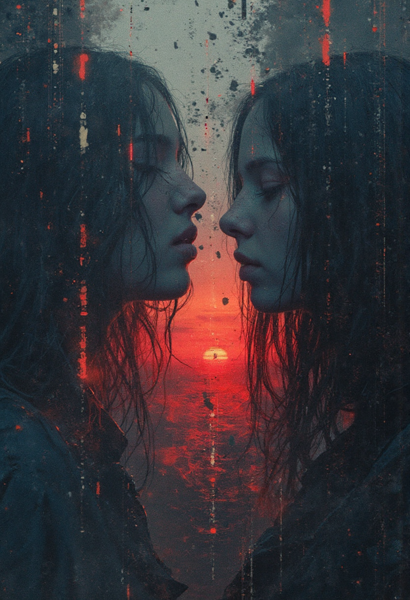 Whispering static, hyper-realism, dutch angle, Blazing Sunset Red, Cerulean blink, scattered rust, drifting fog, dancing, surrealism, cracked light, chiaroscuro lighting