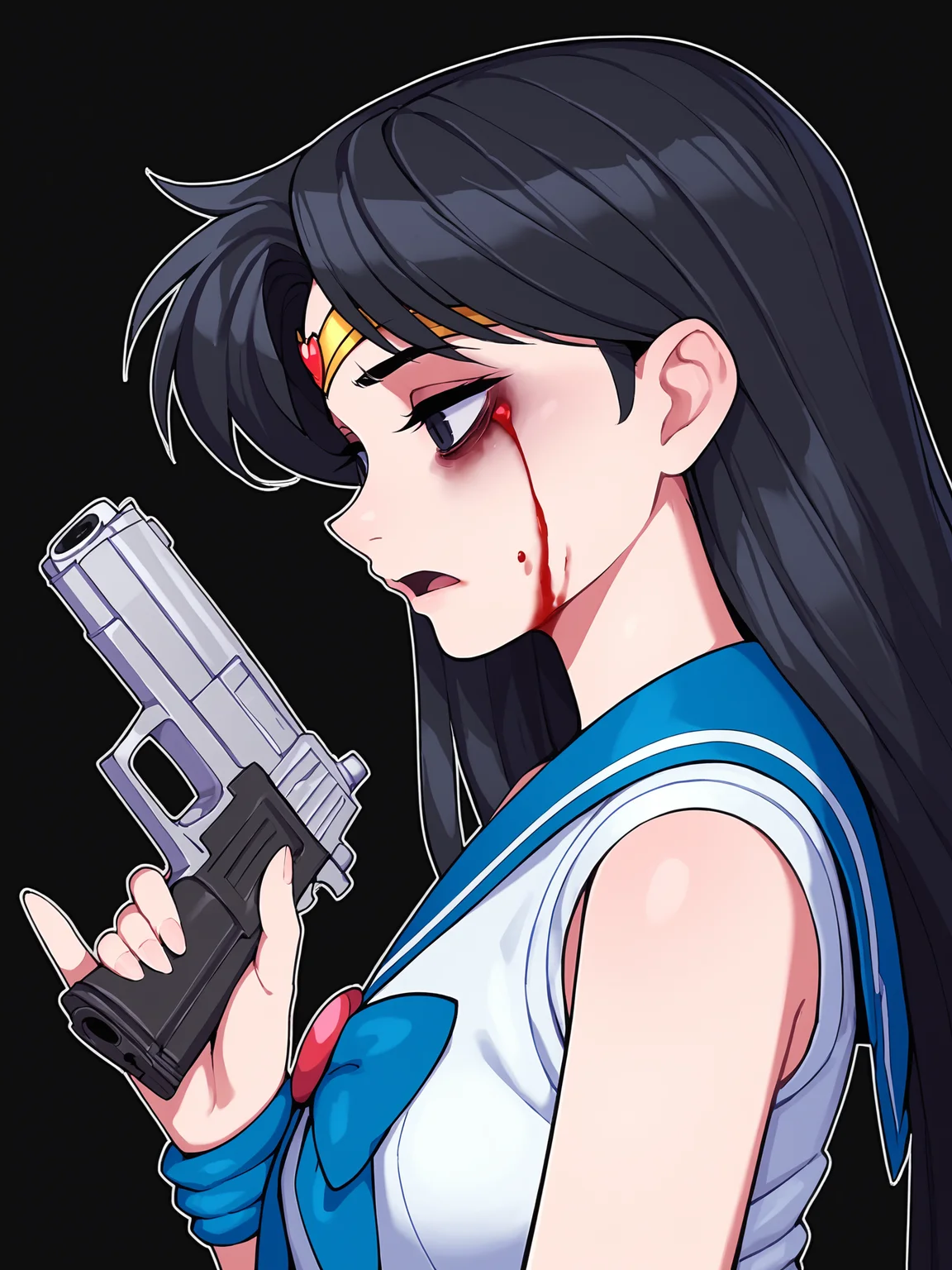 score_9, score_8_up, score_7_up, score_6_up, score_5_up, score_4_up, rating_safe
BREAK
sailor mars, circlet, black hair, black eyes, looking away, tired, half-closed eyes, bags under eyes, sigh, open mouth, looking down, blood on face, blood splatter,
BREAK
solo, portrait, magical girl, red serafuku, from side, (holding gun, handgun:1.2), blood on weapon,
BREAK
black background, <lora:Lunas-TenakoMugu77-SDXL-A1:1>