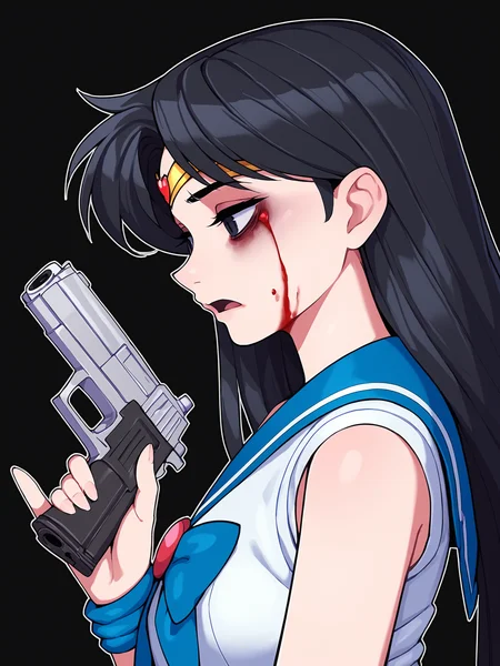 score_9, score_8_up, score_7_up, score_6_up, score_5_up, score_4_up, rating_safe
BREAK
sailor mars, circlet, black hair, black eyes, looking away, tired, half-closed eyes, bags under eyes, sigh, open mouth, looking down, blood on face, blood splatter,
BREAK
solo, portrait, magical girl, red serafuku, from side, (holding gun, handgun:1.2), blood on weapon,
BREAK
black background, <lora:Lunas-TenakoMugu77-SDXL-A1:1>