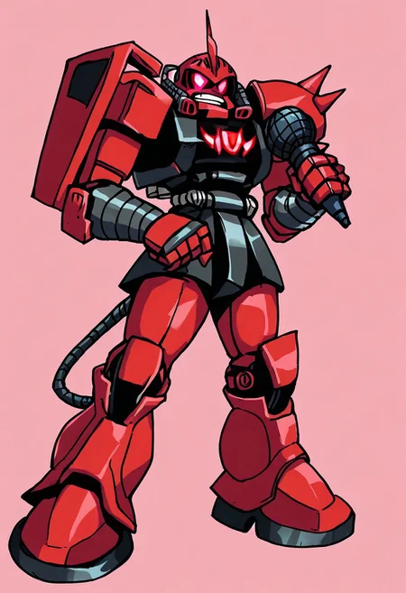 solo, holding microphone, standing, full body, source_cartoon, score_9, score_8_up, score_7_up, red garma_zaku, red monoeye, pink monoeye, crimson monoeye, no monoeye visible, metallic heathawk, shoulder decals, simple background