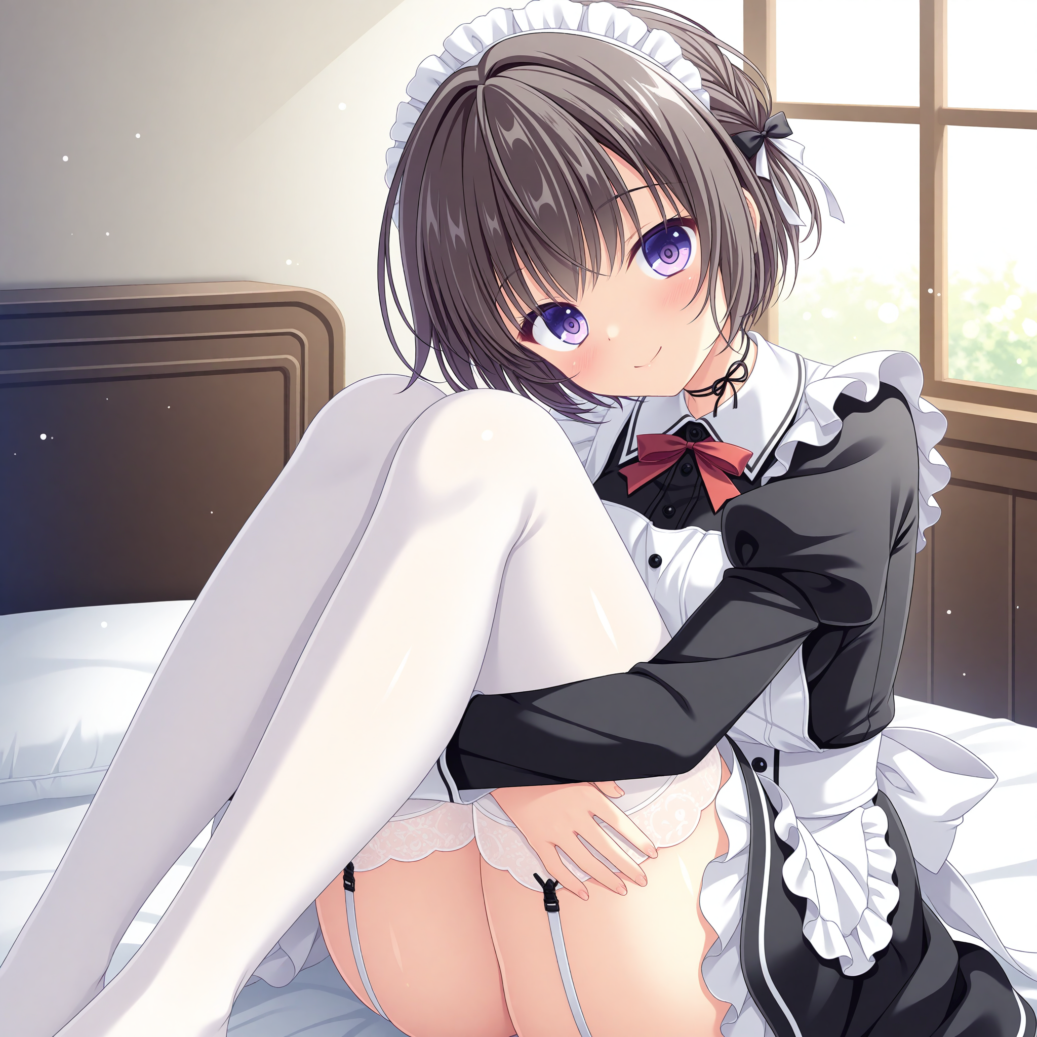 <lora:Yasaka_Kako_1_nai-000026:1>,Yasaka Kako,purple eyes,neck ribbon,black ribbon,
maid,hair bow,black bow,white bow,maid headdress,white thighhighs,garter straps,long sleeves,frills,red bowtie,puffy sleeves,black dress,juliet sleeves,maid apron,white apron,red ribbon,
BREAK
1girl,solo,smile,looking at viewer,on bed,hugging own legs,sitting,head tilt,blush,