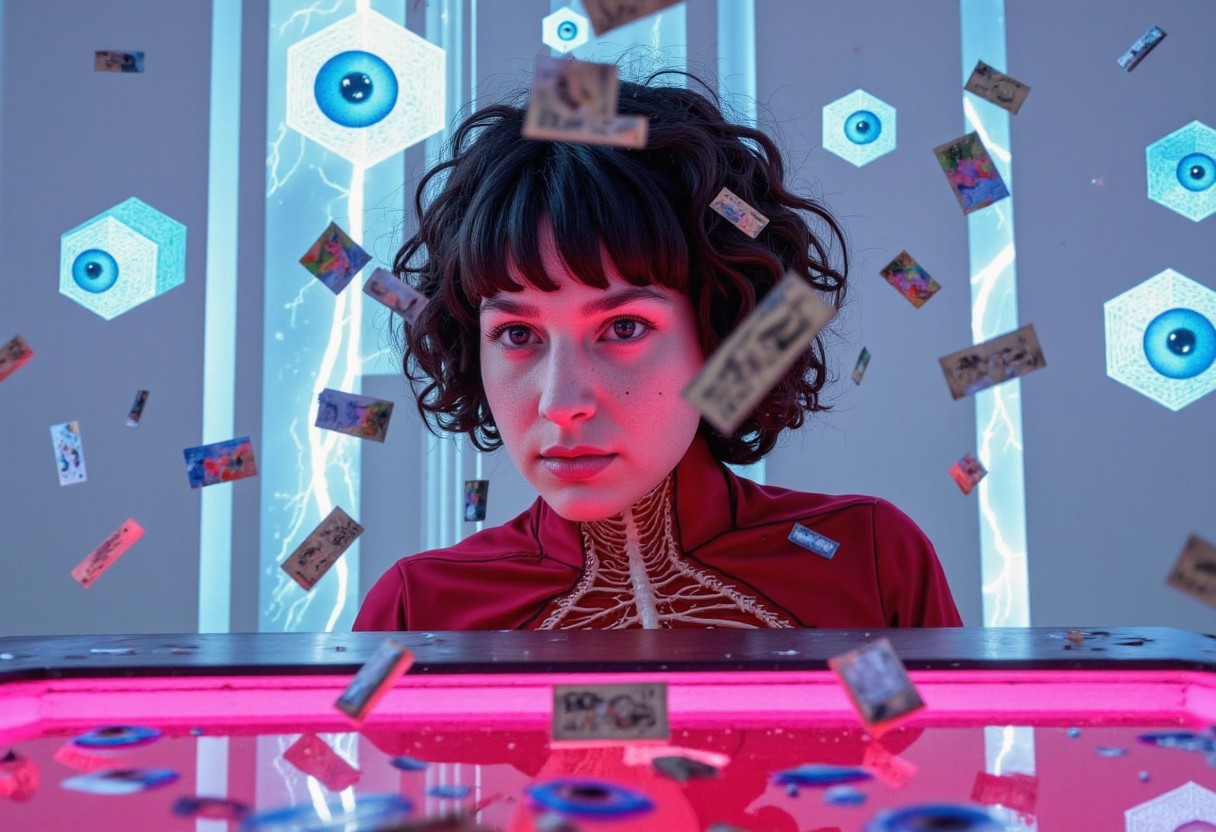 woman face foreward, showered with australian money cash currency falling in front of her face, she has a wild look in her eyes like she has just won a jackpot in a very clean white room science experiment, woman of 18 years old with brunette bangs in anervous system and veins bodysuit, curly hair sitting at a modern slot machine. She has no face and only skin for a face. She is surrounded by multi colored bolts of high intensity electricity and lightning as well as holograms of futuristic cubes projecting around the room with eyeballs inside them