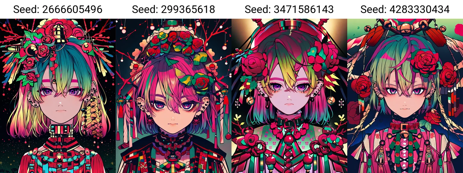 (masterpiece, best quality), (solo, 1girl), (blonde hair, pink hair, gradient hair), flower, red flower, short hair, looking at viewer, multicolored eyes, rope, bell, purple eyes, green hair, hair ornament, hair between eyes, closed mouth, hair flower, bangs, piercing, ear piercing, jewelry, earrings, jingle bell, branch,