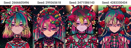 (masterpiece, best quality), (solo, 1girl), (blonde hair, pink hair, gradient hair), flower, red flower, short hair, looking at viewer, multicolored eyes, rope, bell, purple eyes, green hair, hair ornament, hair between eyes, closed mouth, hair flower, bangs, piercing, ear piercing, jewelry, earrings, jingle bell, branch,