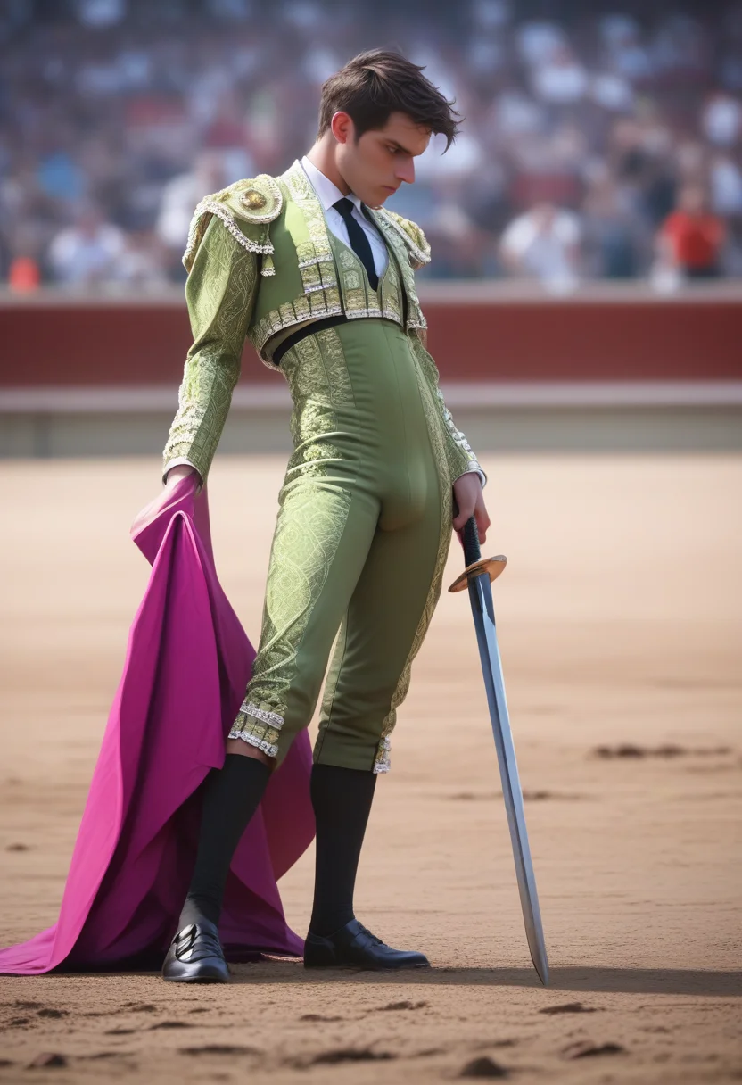 score_9, score_8_up, score_7_up, tr4j3, 1boy, arched back, twirling cape, cape, holding sword, sword, montero, green and silver traje, bulge, fighting dinosaur in bullring, bullring, spectators, blurry background <lora:traje_PNY_Panache-000010:1>