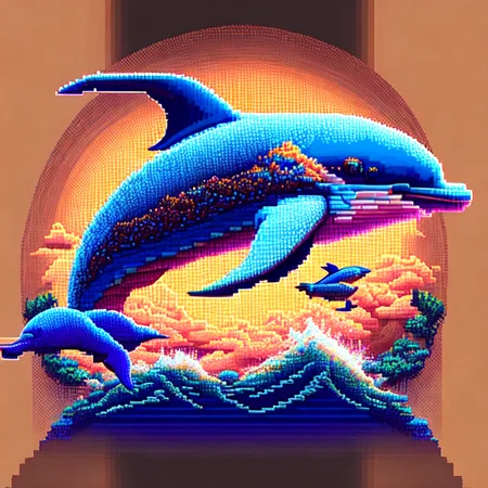 (bitdolphins:1) a pixel art style image of a dolphin jumping out of the water <lora:djzBitDolphinV21_LoraBooth:1>