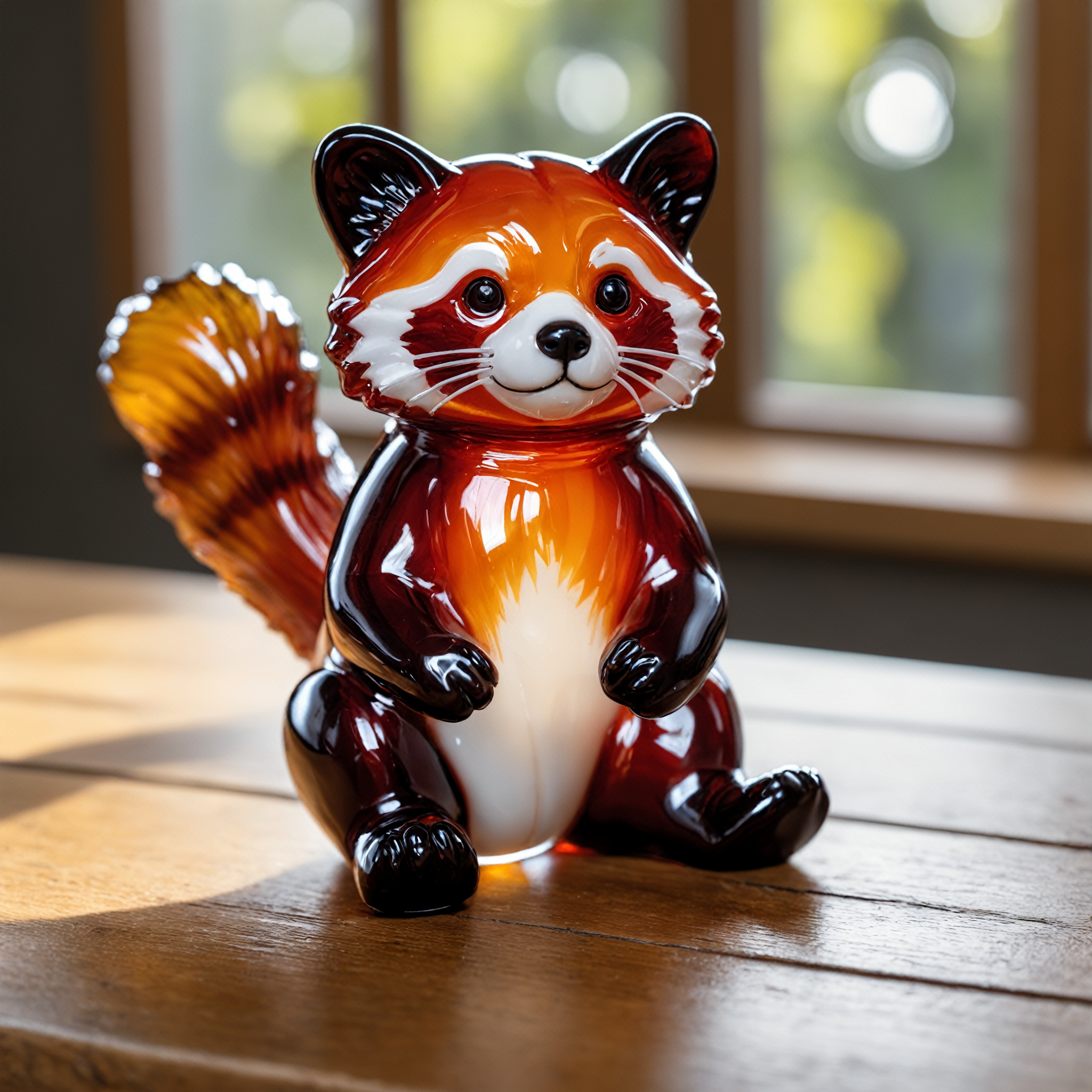 Closeup photo, of an glassblown figure of a  red panda, on an oak table, natural light, reflections