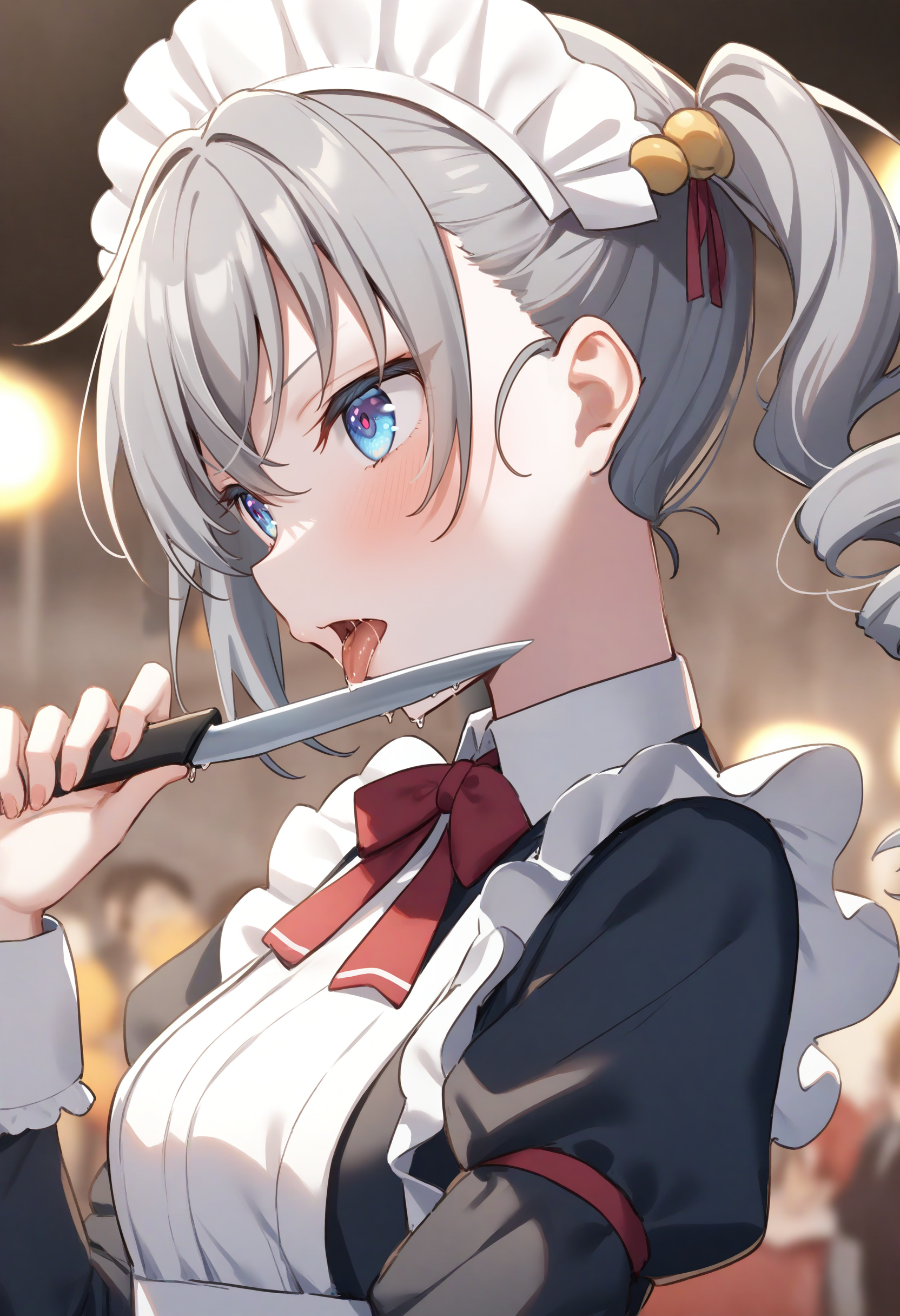1girl,sincos, ningen mame, toosaka asagi,solo,medium breasts,20yo,maid,maid headdress,
licking knife, <lora:lickingknife_XL_v1:0.8>
tongue out, holding knife, blood,saliva,
from side, portrait, looking ahead, silver hair, purple eyes,kubrick stare, festival, closed mouth, drill hair,,
best quality, very aesthetic, absurdres