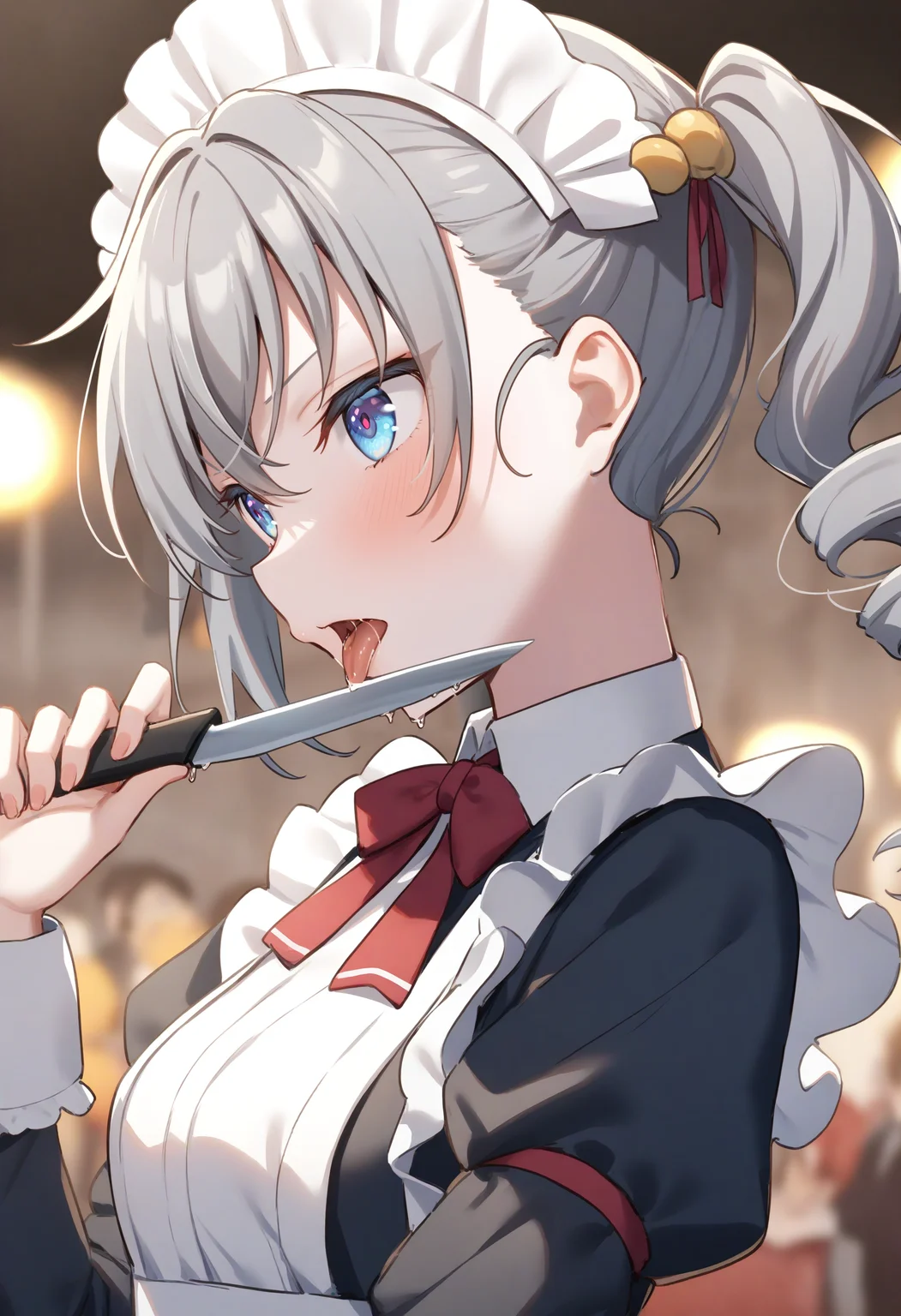 1girl,sincos, ningen mame, toosaka asagi,solo,medium breasts,20yo,maid,maid headdress,
licking knife, <lora:lickingknife_XL_v1:0.8>
tongue out, holding knife, blood,saliva,
from side, portrait, looking ahead, silver hair, purple eyes,kubrick stare, festival, closed mouth, drill hair,,
best quality, very aesthetic, absurdres