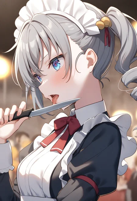 1girl,sincos, ningen mame, toosaka asagi,solo,medium breasts,20yo,maid,maid headdress,
licking knife, <lora:lickingknife_XL_v1:0.8>
tongue out, holding knife, blood,saliva,
from side, portrait, looking ahead, silver hair, purple eyes,kubrick stare, festival, closed mouth, drill hair,,
best quality, very aesthetic, absurdres