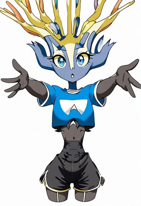 Xerneas, ((((((small waist)))))), (HI, reaching towards viewer), cropped white t-shirt, shorts, :o, open mouth