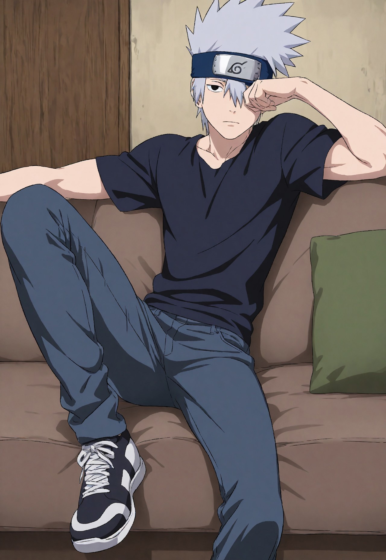 masterpiece, best quality, amazing quality, very aesthetic, absurdres, newest, detailed background, 1boy, solo, fbKakashi, 1boy, solo, skinny, muscular, grey hair, black eyes, hair between eyes, t-shirt, jeans, forehead protector, konohagakure symbol, one eye covered, sneakers, one foot on couch, sitting on couch, bedroom