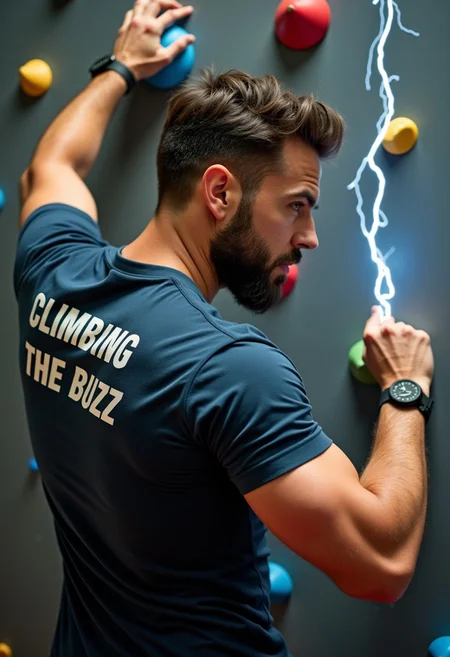 Muscular man, stubble beard, handsome, climbing, view from behind, t-shirt text "Climbing the Buzz", lighting bolt shaped hand holds,