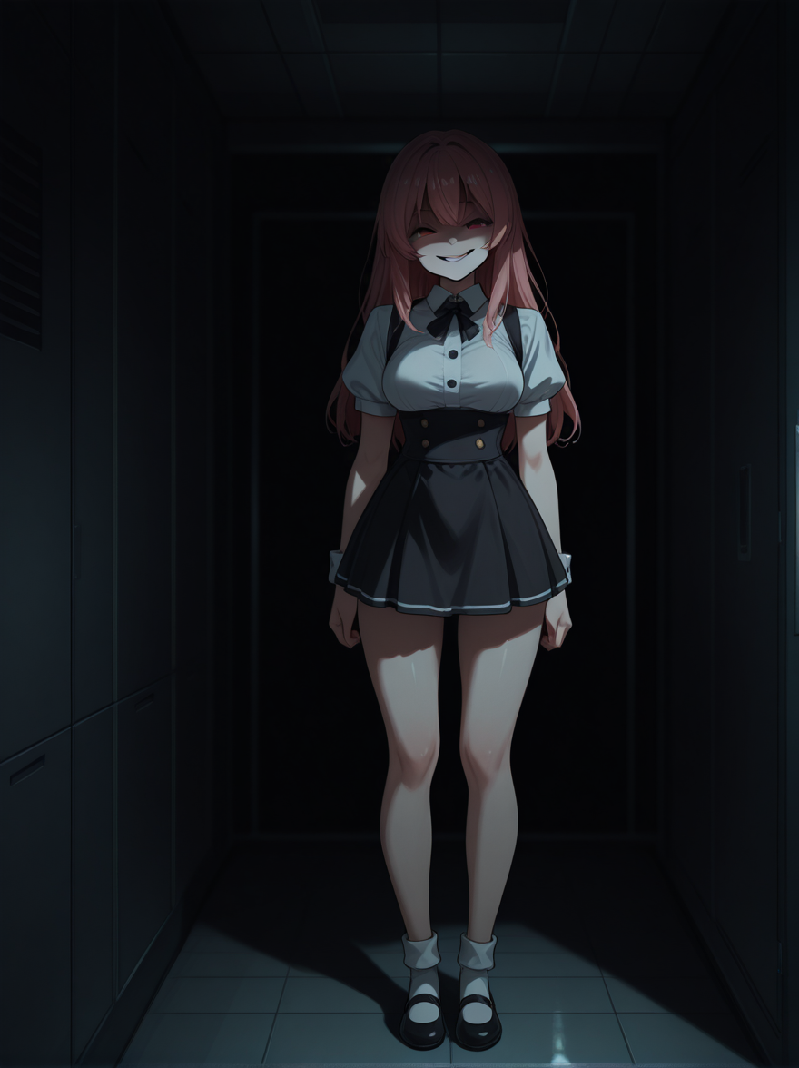 high quality,  full body, <lora:CivChan:0.85> civchan, evil smile, main frame, medium breasts, server room, dark,