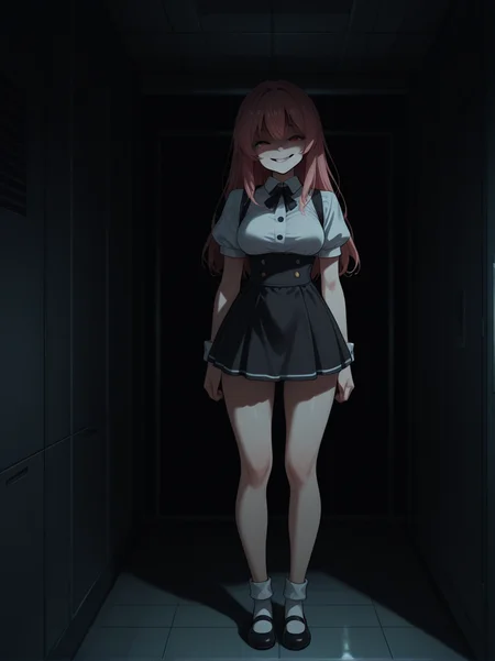 high quality, full body, <lora:CivChan:0.85> civchan, evil smile, main frame, medium breasts, server room, dark,