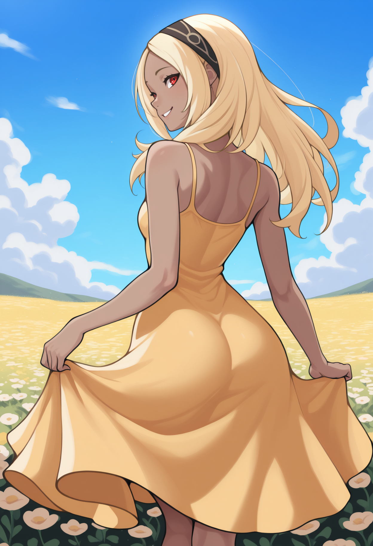masterpiece, best quality, from behind, solo, 1girl, k4tdef, dark-skinned female, smile, looking back, skirt hold, long hair, blonde hair, black hairband, red eyes, yellow sundress, bare shoulders, outdoors, blue sky, cloud, flower field
<segment:yolo-Anzhc Face seg 640 v2 y8n.pt,0.4,0.5//cid=1>