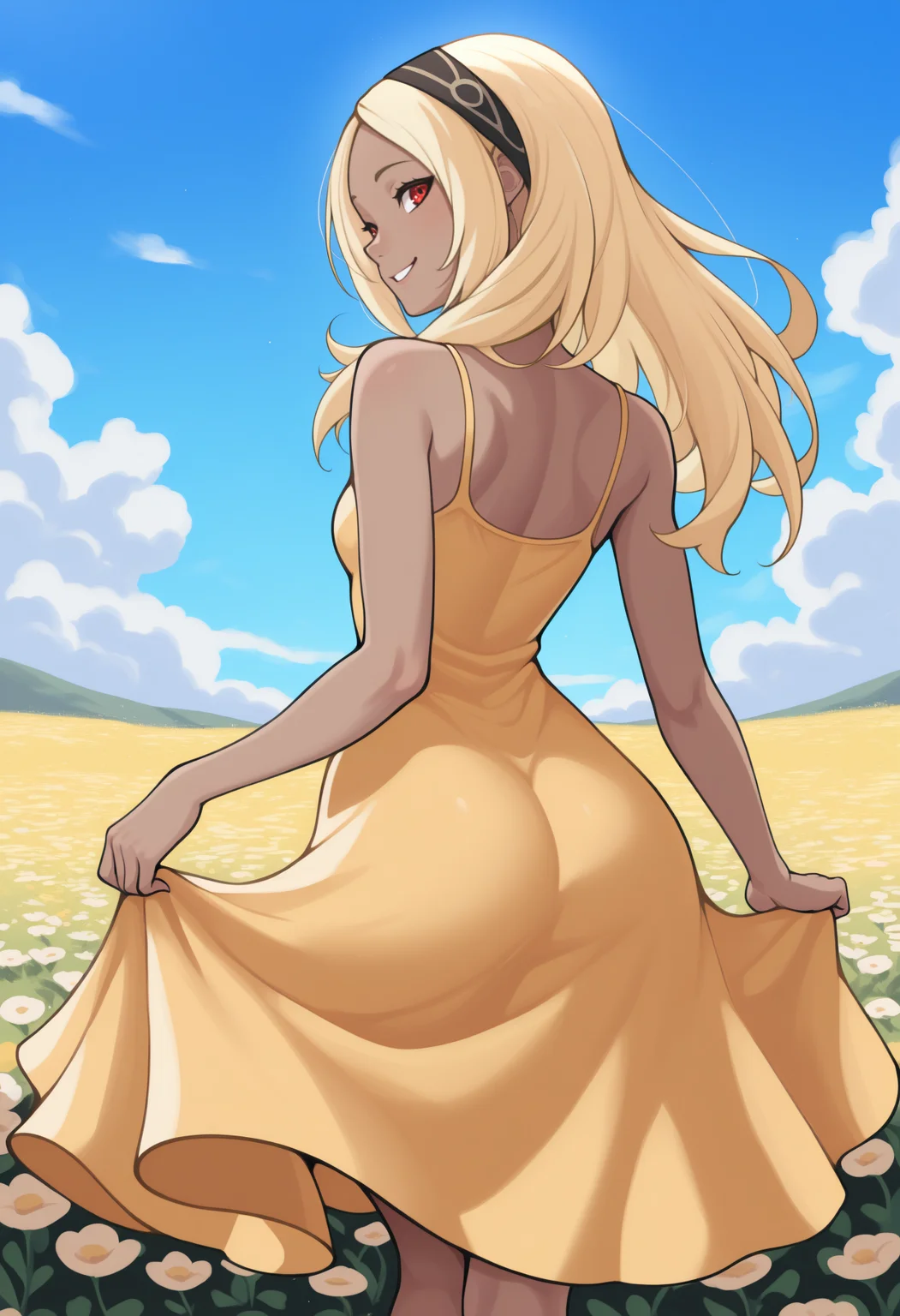 masterpiece, best quality, from behind, solo, 1girl, k4tdef, dark-skinned female, smile, looking back, skirt hold, long hair, blonde hair, black hairband, red eyes, yellow sundress, bare shoulders, outdoors, blue sky, cloud, flower field
<segment:yolo-Anzhc Face seg 640 v2 y8n.pt,0.4,0.5//cid=1>