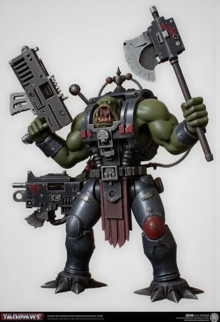 Score_9_up, absurdres, source: GamesWorkshop, grimdark, gothic horror, Warhammer 40000, a snarling ork is waving an axe in one hand and firing a machinegun in the other, lifelike, hyperrealism, perfect hands, perfect anatomy, project unreal engine