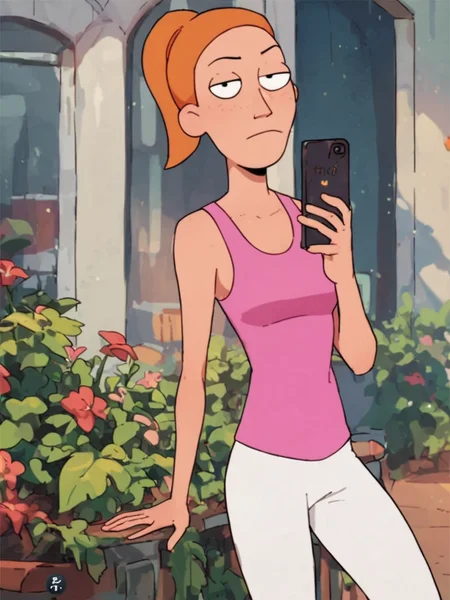 , looking at viewer, alien world,<lora:SummerPony1.0:0.7>,summer.smith, orange hair, 1girl, ponytail, solo, pink tank top, white pants, phone,text messaging,standing, score_9, score_8_up, score_7_up, score_6_up