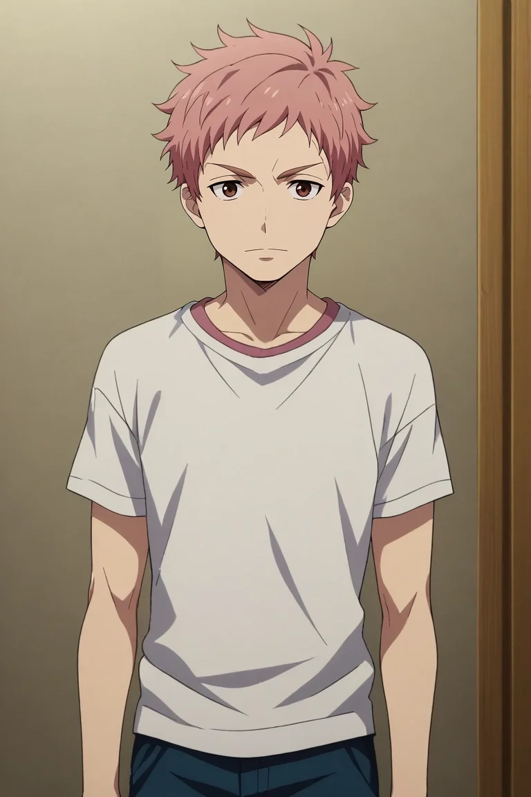 score_9, score_8_up, score_7_up, source_anime, rating_safe, , anime screencap, anime coloring, official style, looking at viewer, , 1boy, solo, male focus, <lora:renzou_shima_pony:0.84>, renzou_shima, pink hair, brown eyes, short hair, , , <lora:sdxl_lightning_8step_lora:1>