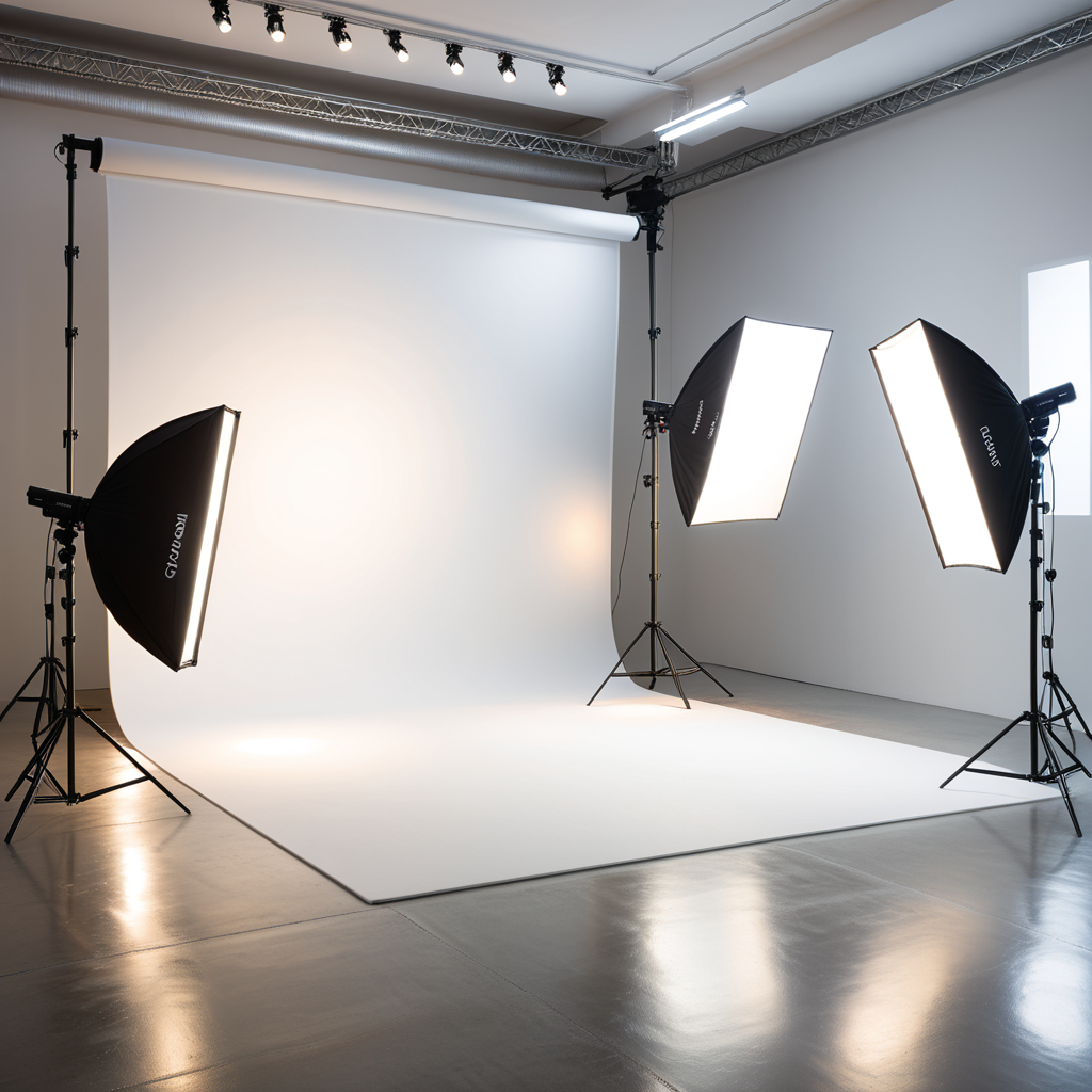 A professional photography studio with a clean and modern design. The space is open and spacious, with smooth white walls and a polished concrete floor. A large white backdrop extends across one wall, seamlessly curving into the floor to create an infinity effect. In front of the backdrop, a professional photography setup includes several pieces of equipment: a tripod-mounted DSLR camera positioned at the center, two large softbox lights on either side emitting a diffused, even glow, and a ring light mounted near the camera for additional lighting. A reflector disk and a light stand with a boom arm are placed nearby, adding to the setup.The atmosphere is organized and professional, with an emphasis on functionality and creativity. The lighting is bright and even, designed to create perfect conditions for capturing high-quality images.
<lora:SDXLFaeTastic2400:0.4> <lora:extremely_detailed:0.4> extremely detailed, Masterpiece,best quality,hi res,8k,hi res,8k,award winning,(sharp focus, intricate, highly detailed),