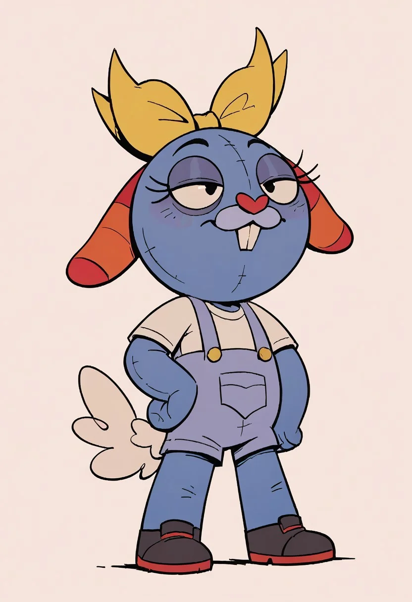 (score_9 | score_8_up | score_7_up) ((masterpiece:1))(best quality,very high quality,ultra detailed:1.2) (2D,cartoon style,anime style)(Smooth:2)(clean blurring) (four fingers on each hand,one thumb on each hand:1), Leon Loud, solo, 1boy, light Blonde hair, two strands of light Blonde hair, teeth, white shirt, lavender overalls, red nose, prominent front teeth, long hanging ears, rainbow striped ears, large black eyes, white tail, short blue fur, prominent eyelashes, dark blue seam-like markings, yellow bow, full body
