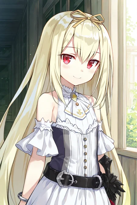 <lora:CURA IL:0.7>,Alice Alvern,long hair,red eyes,very long hair,dress,white dress,blonde hair,sleeveless,bare shoulders,hair ribbon,bracelet,sleeveless dress,belt,bangs,hair between eyes,jewelry,detached sleeves,yellow ribbon,, 1girl,masterpiece,best quality,amazing quality,very aesthetic,absurdres,newest,8K,prefect face, uncensored,, looking at viewer,, smile,