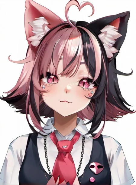 score_9, score_8_up, score_7_up, source_anime, <lora:a:0.8>, suwie, 1girl, black hair, animal ears, upper body, pink hair, ahoge, heart ahoge, multicolored hair, cat ears, pink eyes, two-tone hair, streaked hair, animal ear fluff, cat girl, heart ahoge, two-tone hair, medium hair, split-color hair, shirt, vest, necktie, split-color hair,