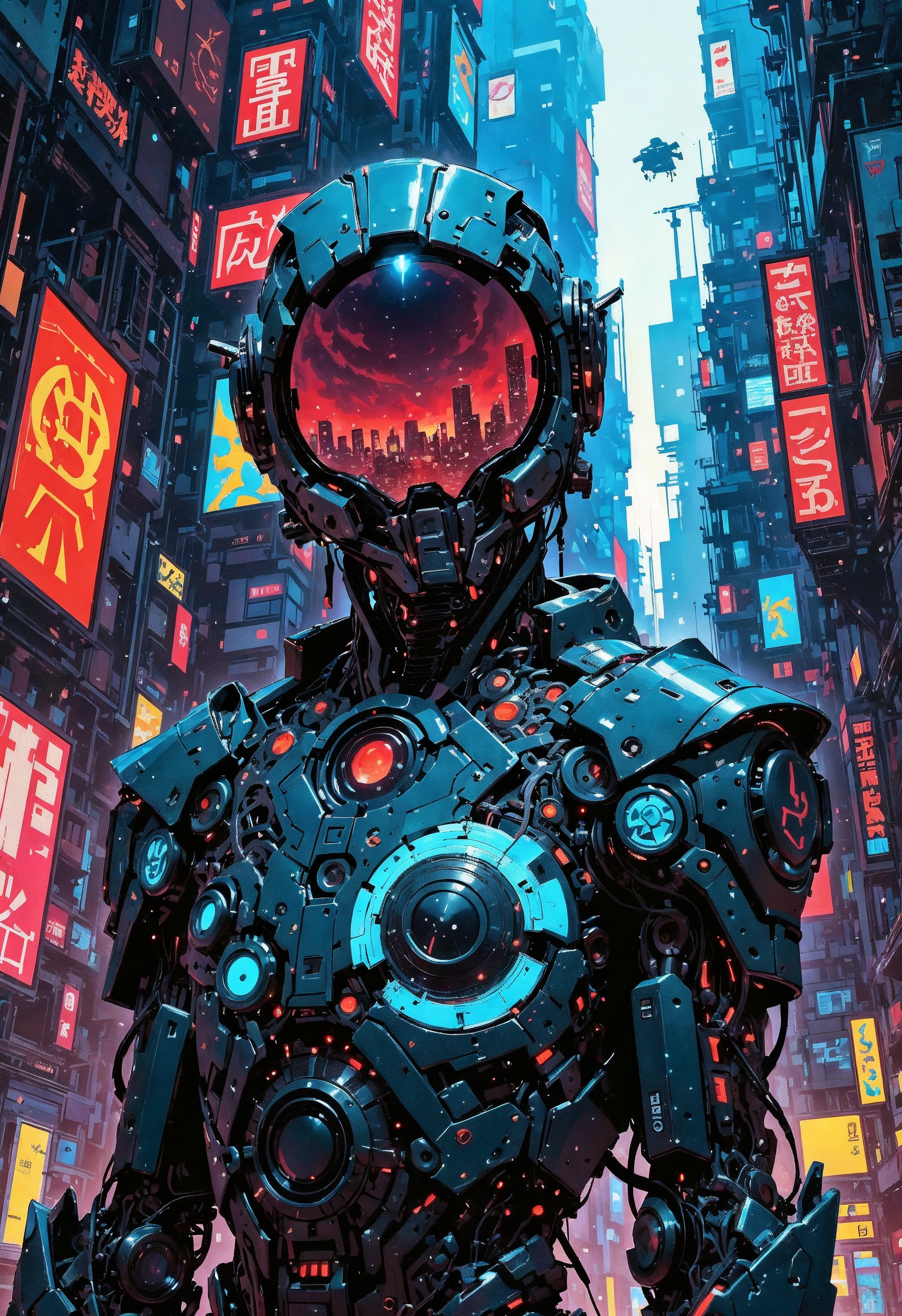 (in Otomo Katsuhiro style:1.2), masterpiece, high-quality, A futuristic scout in a sleek angular suit embedded with pulsating circuits, Theyre framed in a glowing urban sprawl of vertical megastructures and floating drones, their visor reflecting a fragmented digital skyline, One hand grips a small high-tech device scanning the area for unseen threats, urban sprawl, circuit suit, digital skyline, (Stylized in neon cyberpunk anime with a sharp high-contrast aesthetic:1.1), (elaborate fine details:1.1), (hyperdetailed:1.1), (intricate details:1.0), (Refined details:1.1), (best quality:1.1), (high resolution:1.2), <lora:FLUX\Anime v1.3:0.6> <lora:FLUX\VividlyReal:0.6> <lora:FLUX\FLUX-daubrez-DB4RZ:0.4>